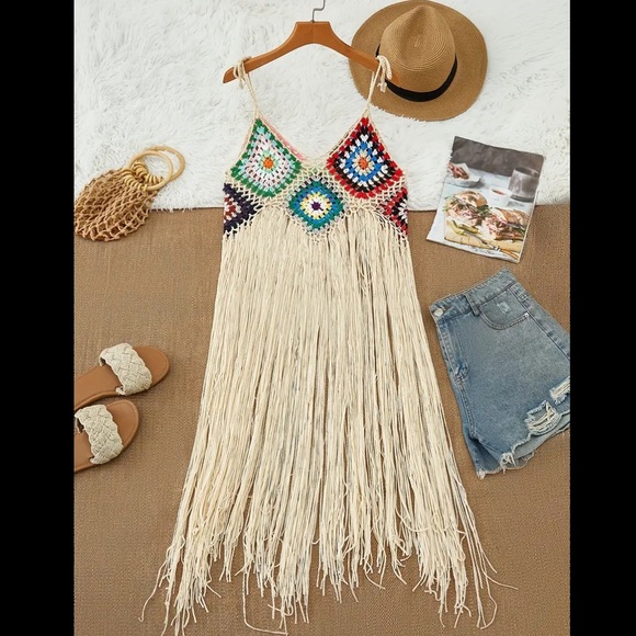 Beige Multi-Color Boho Tassel Beach Cover-Up Dress - Picture 6 of 8